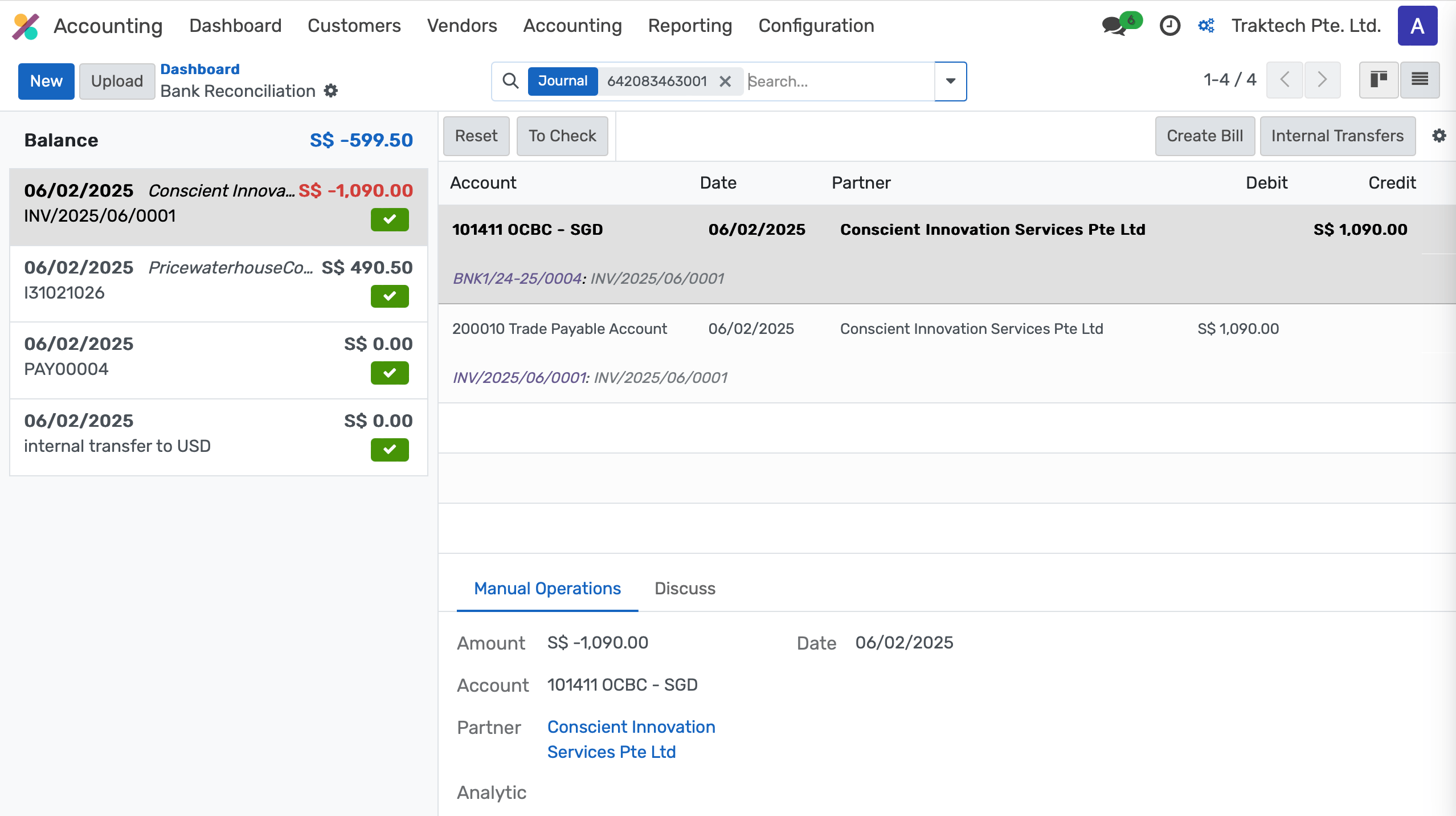 Automated finance system with journal entries, recurring invoices, bank reconciliation, tax reports, and duplicate transaction alerts.