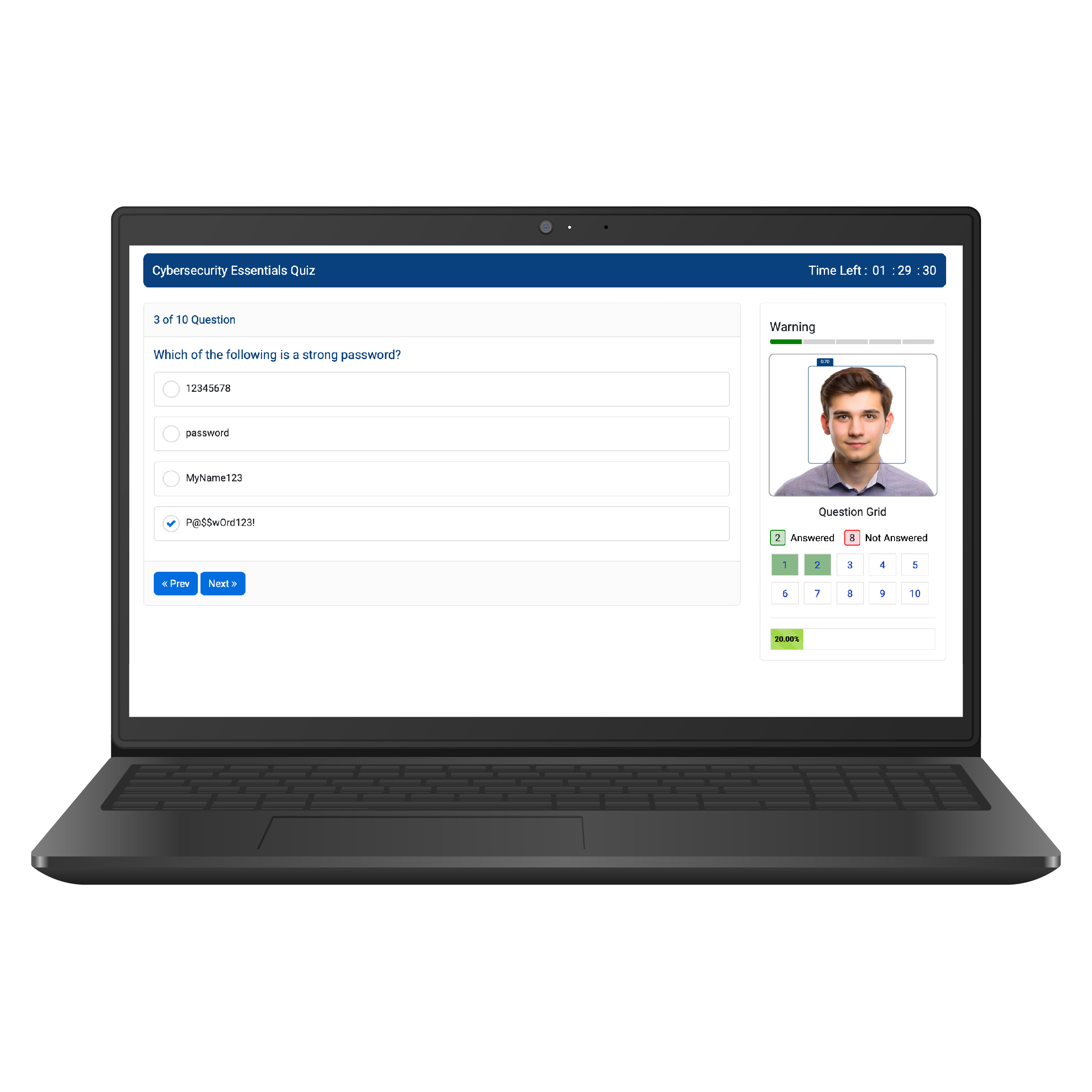 Full-screen enforcement, disable copy/paste, tab tracking, block multiple logins, and end-to-end quiz data encryption.