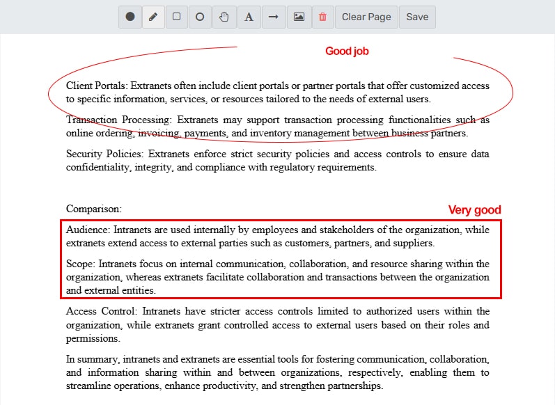 Annotation tools for marking assignments: highlights, comments, drawing, feedback snippets, PDF/Word support, and mobile access.