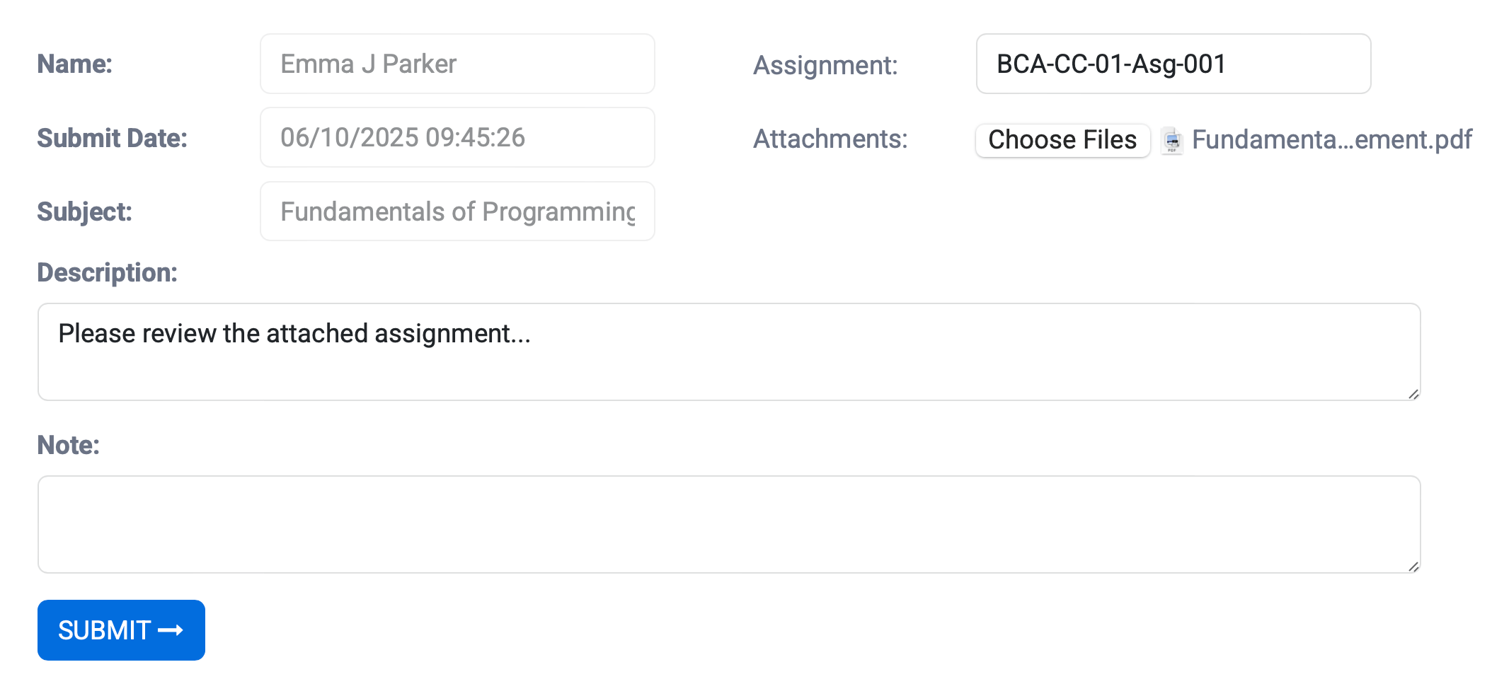 Student dashboard showing upcoming assignments, submission portal, automated reminders, grade tracking, and downloadable feedback