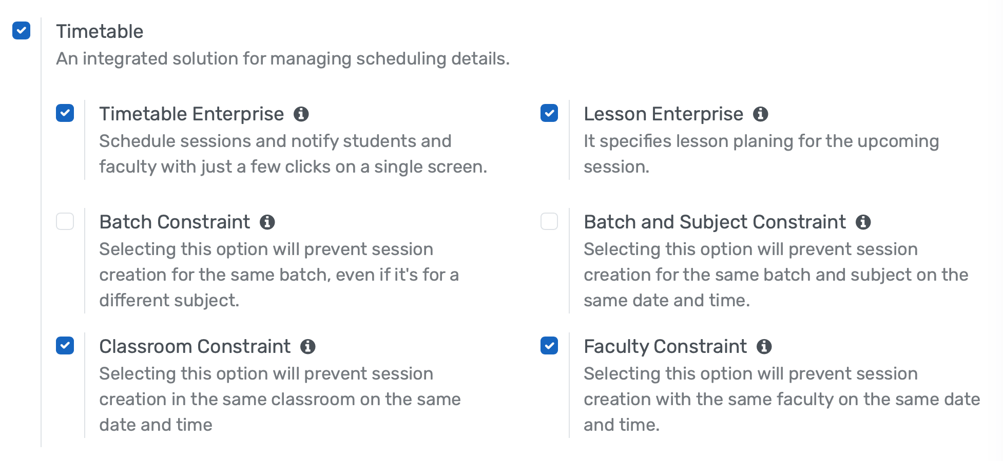 Scheduling system preventing double-booking, overlapping classes, and batch conflicts with real-time validation alerts