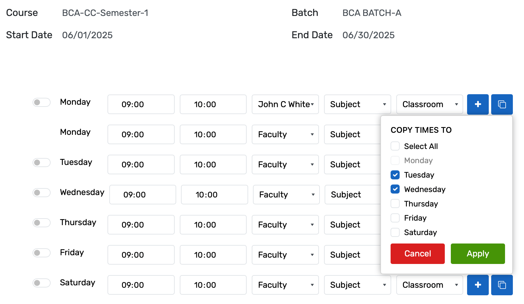 Scheduling dashboard featuring timetable creation, session generation, custom periods, Kanban and calendar views, teacher and classroom allocations
