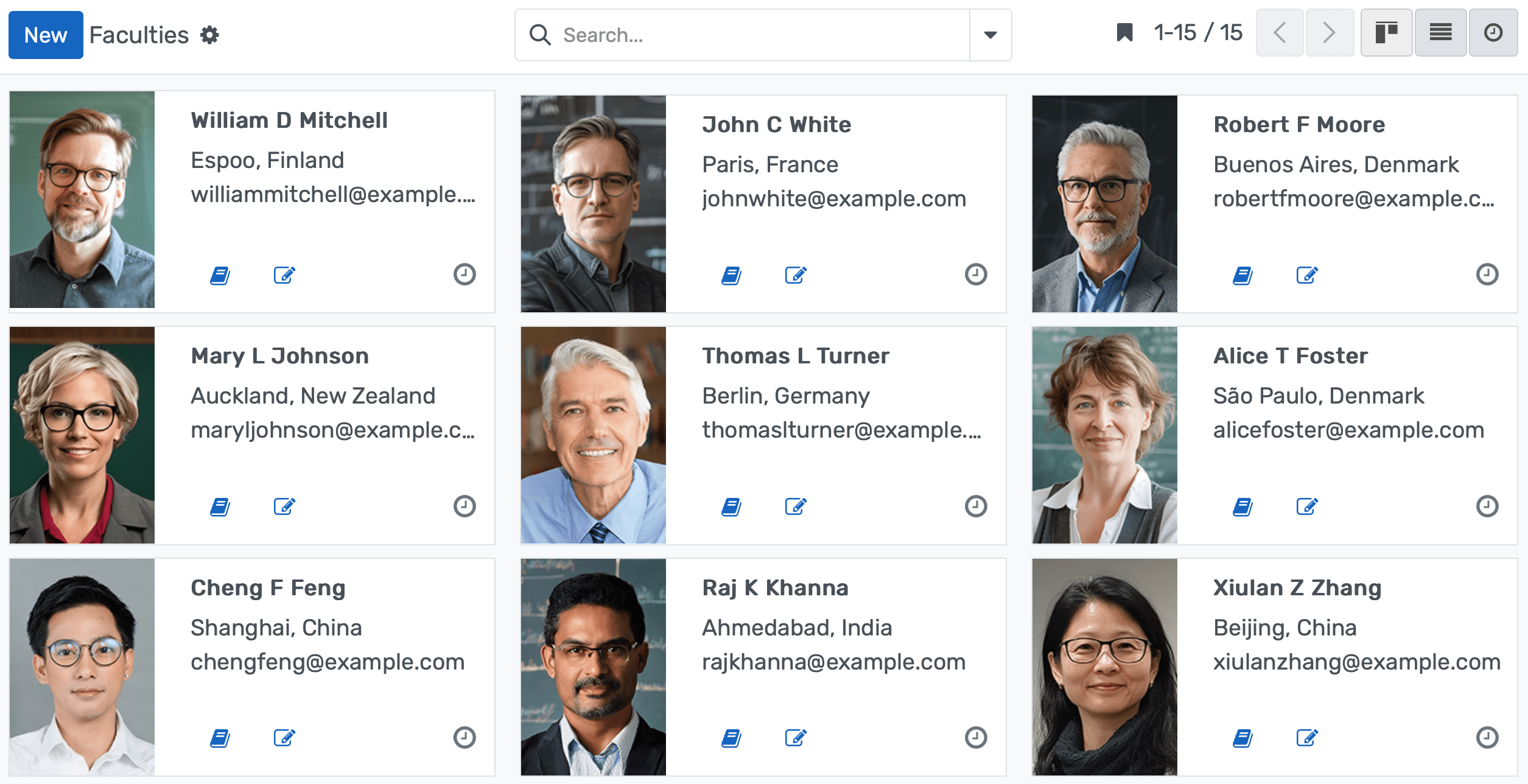 Faculty information dashboard with academic profiles, qualifications tracking, course assignments, and HR integration